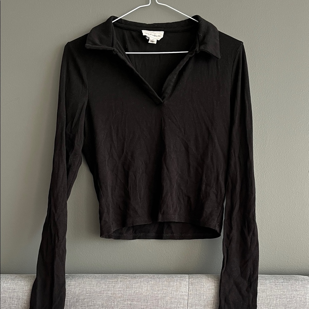 For The Republic Black Collared Long Sleeve Blouse